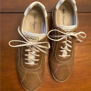 Salvatore Ferragamo mens leather sneakers tan cream lace up cream stitch pattern